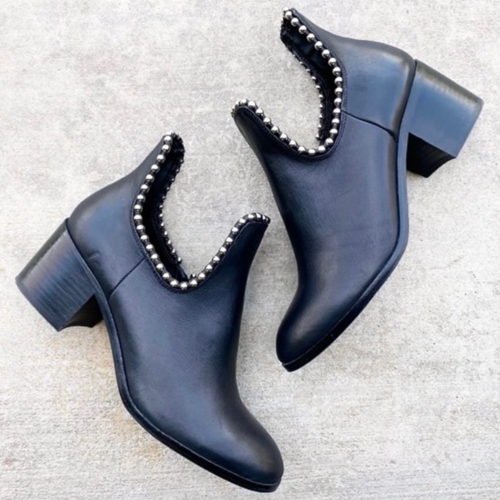 Black Leather and Ball Chain Stud Ankle Boots